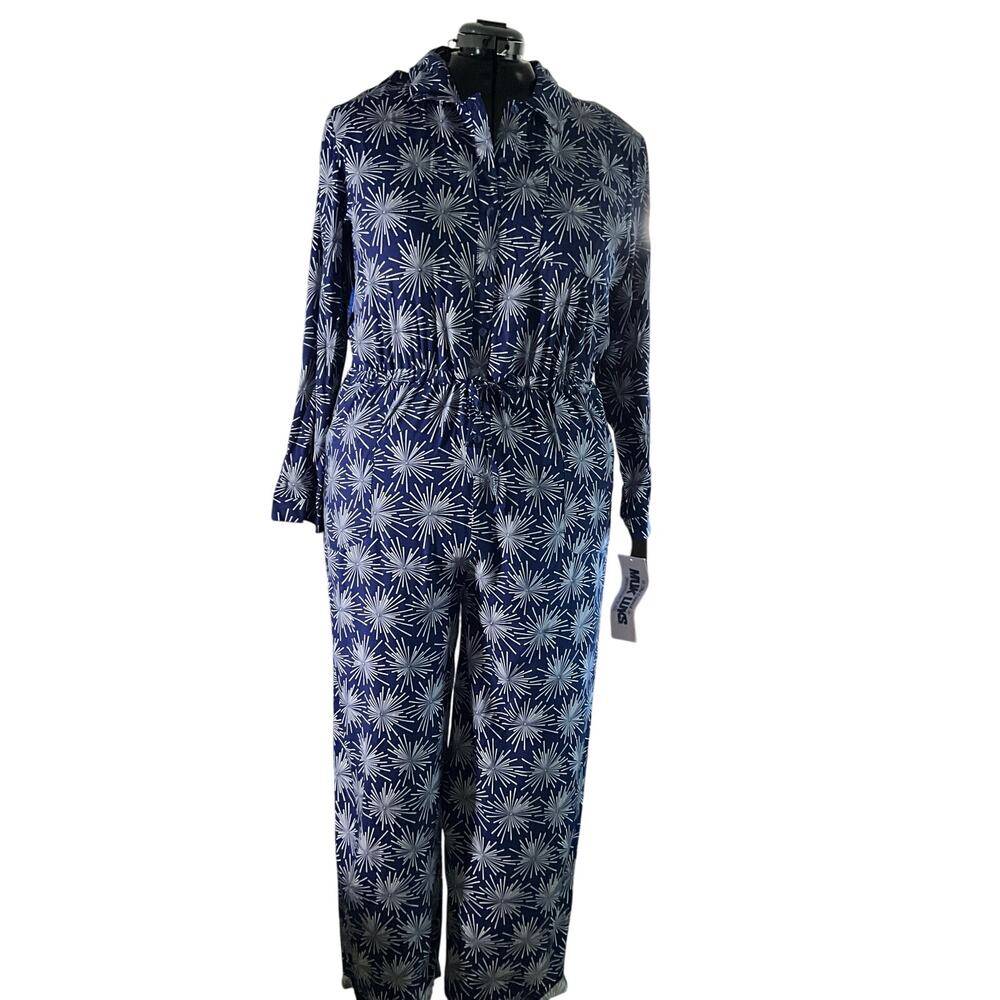MUK LUKS Boho 70s Resort Starburst Print Long Sleeve Jumpsuit Navy NWT XL